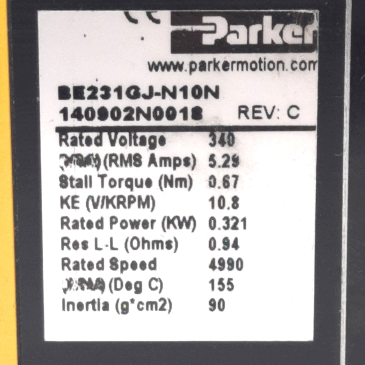 Used Parker BE231GJ-N10N Servo Motor 340VDC 5.29A, 0.67Nm, 0.321kW, 4,990rpm, NEMA 23