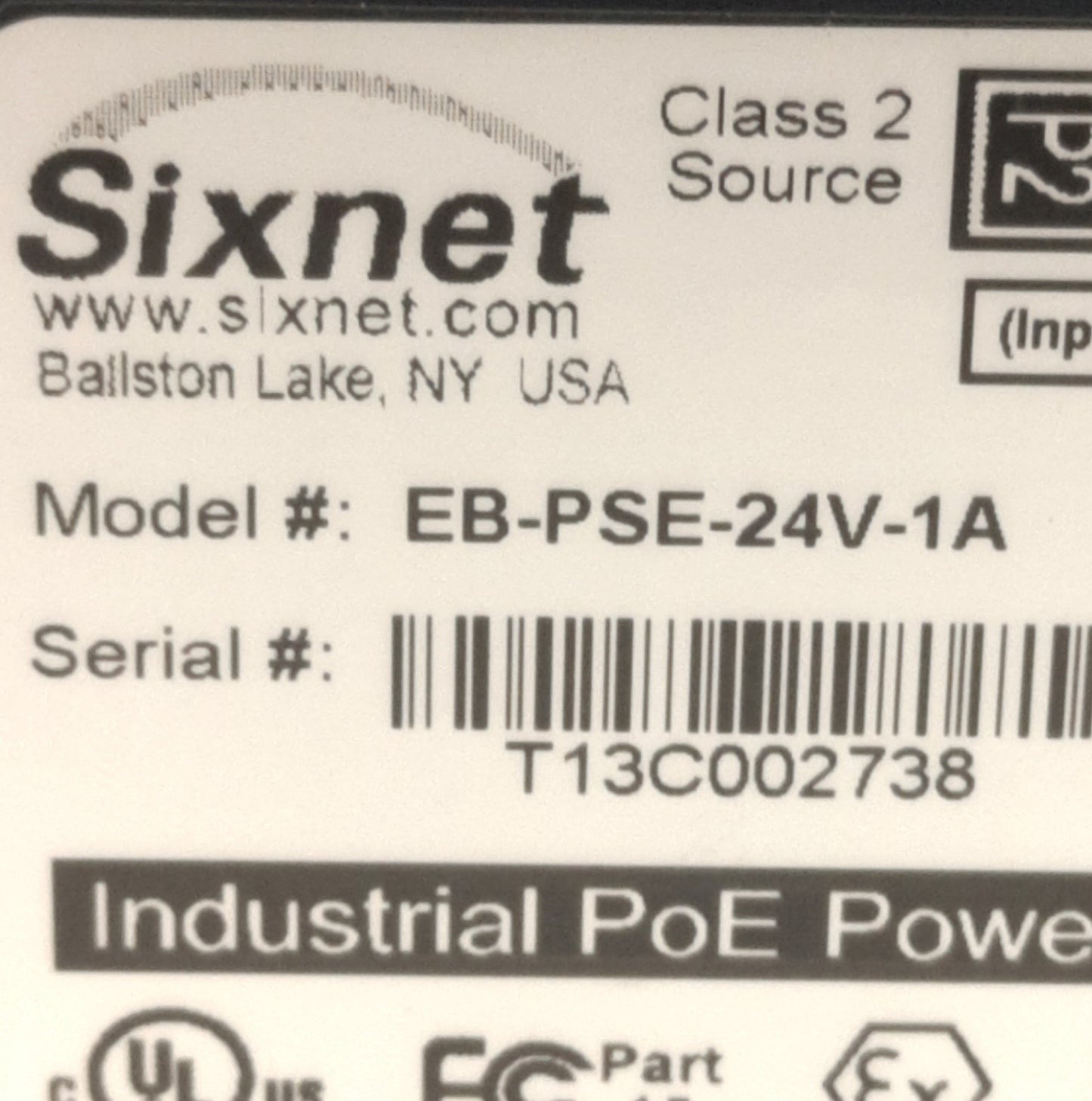 Used Sixnet EB-PSE-24V-1A Industrial PoE Power Injector, 1-Port, Input: 24V DC