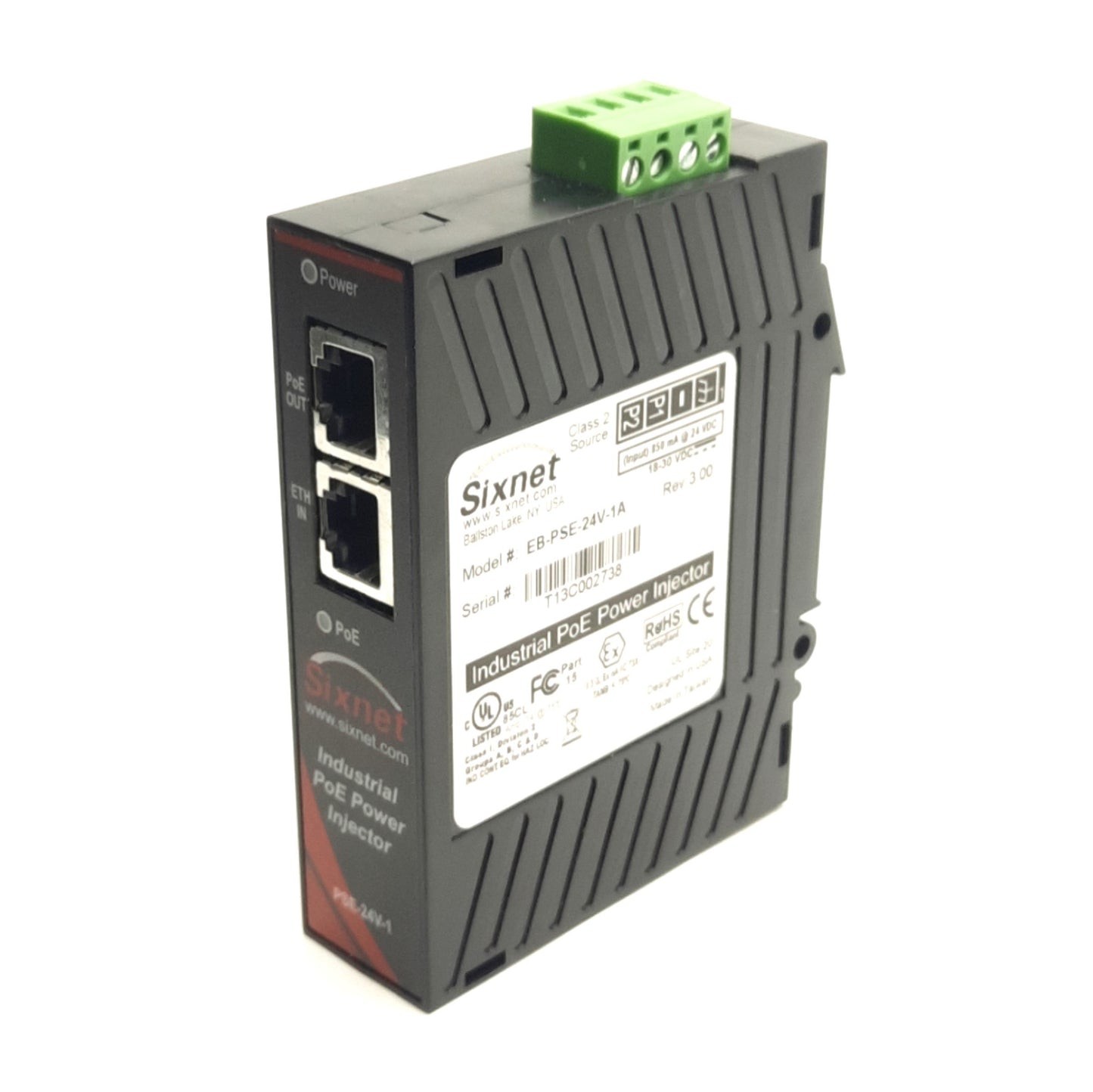 Used Sixnet EB-PSE-24V-1A Industrial PoE Power Injector, 1-Port, Input: 24V DC