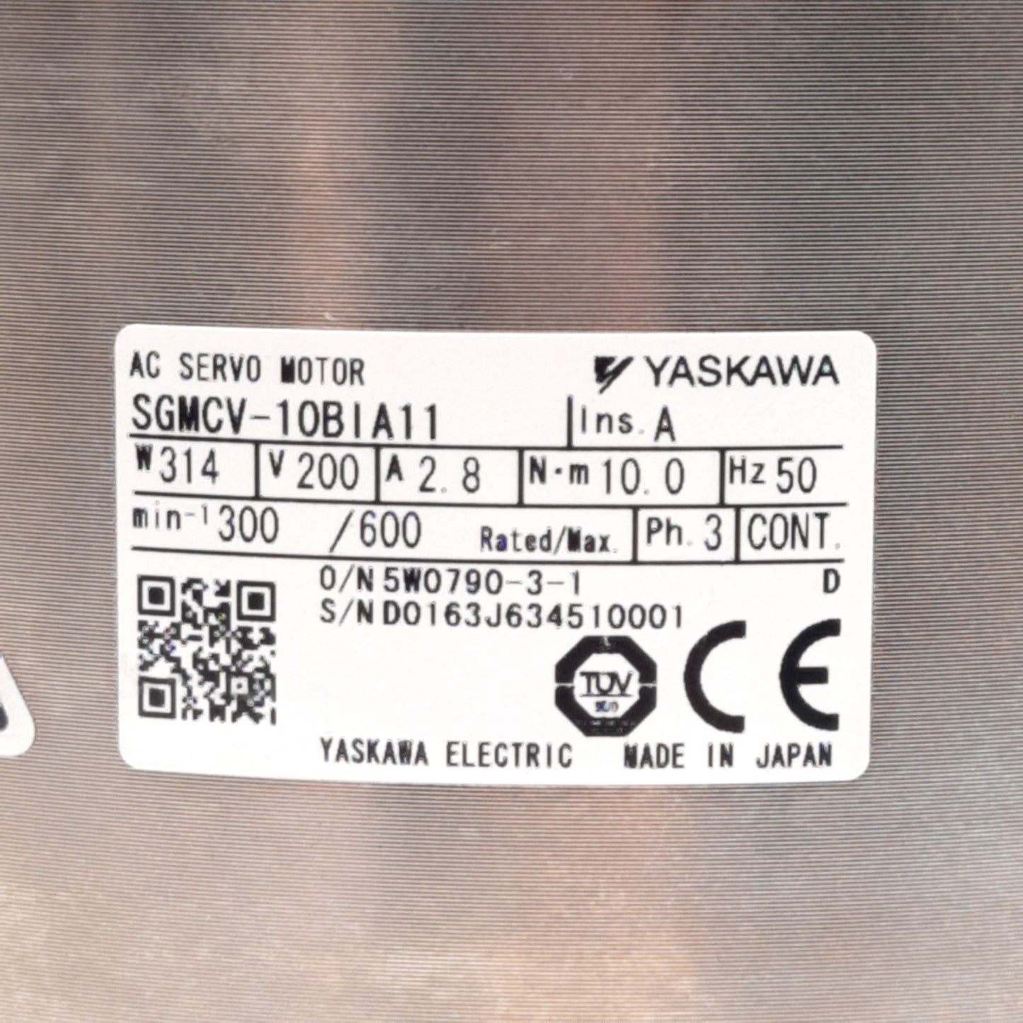 Yaskawa SGMCV-10BIA11 AC Servo Motor, 3-Phase 200VAC 2.8A 314W 10Nm 300/600rpm