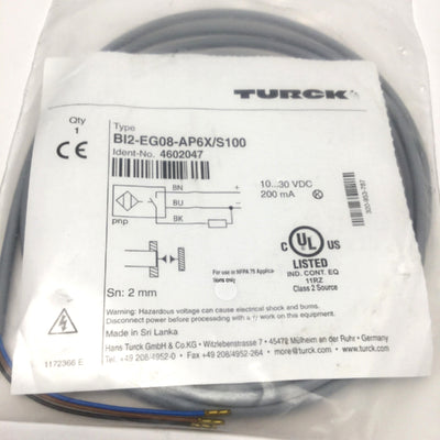 New Turck BI2-EG08-AP6X/S100 Inductive Proximity Sensor, 2mm Range, 10-30VDC, PNP-NO