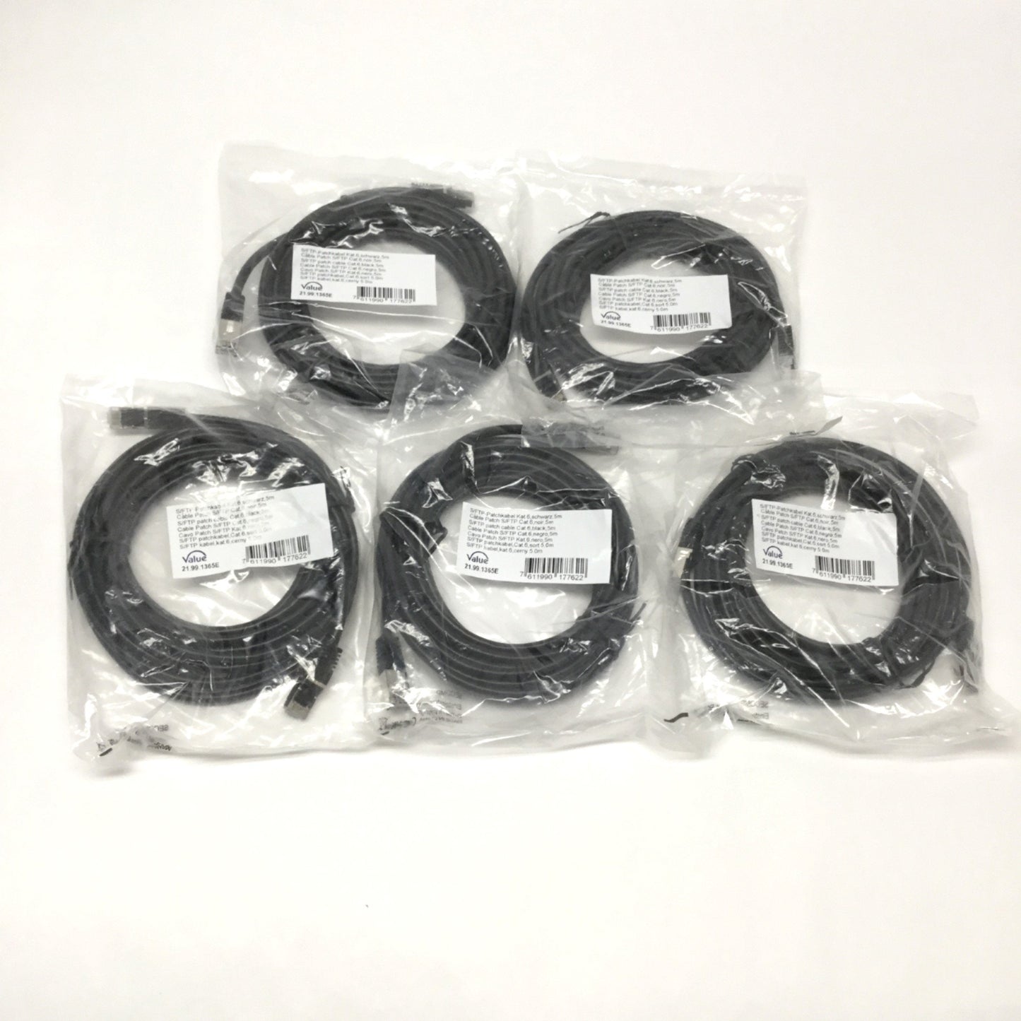 New Lot of 5 Value 21.99.1365 Ethernet Patch Cables, Cat 6, S/FTP PiMF, RJ45, 5m