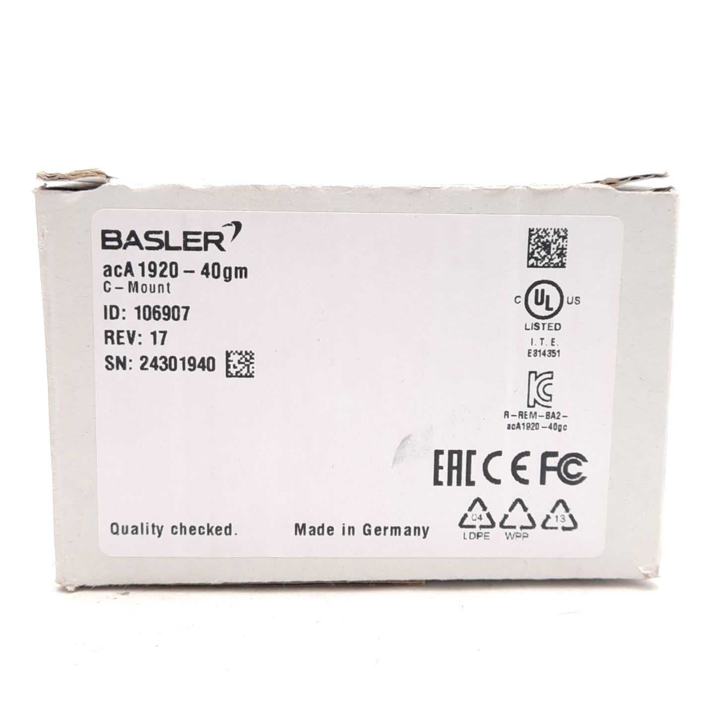 New – Open box Basler a2A1920-40gm Ace U Camera CMOS 42fps 2.3MP Mono 1/1.2in Format, GigE