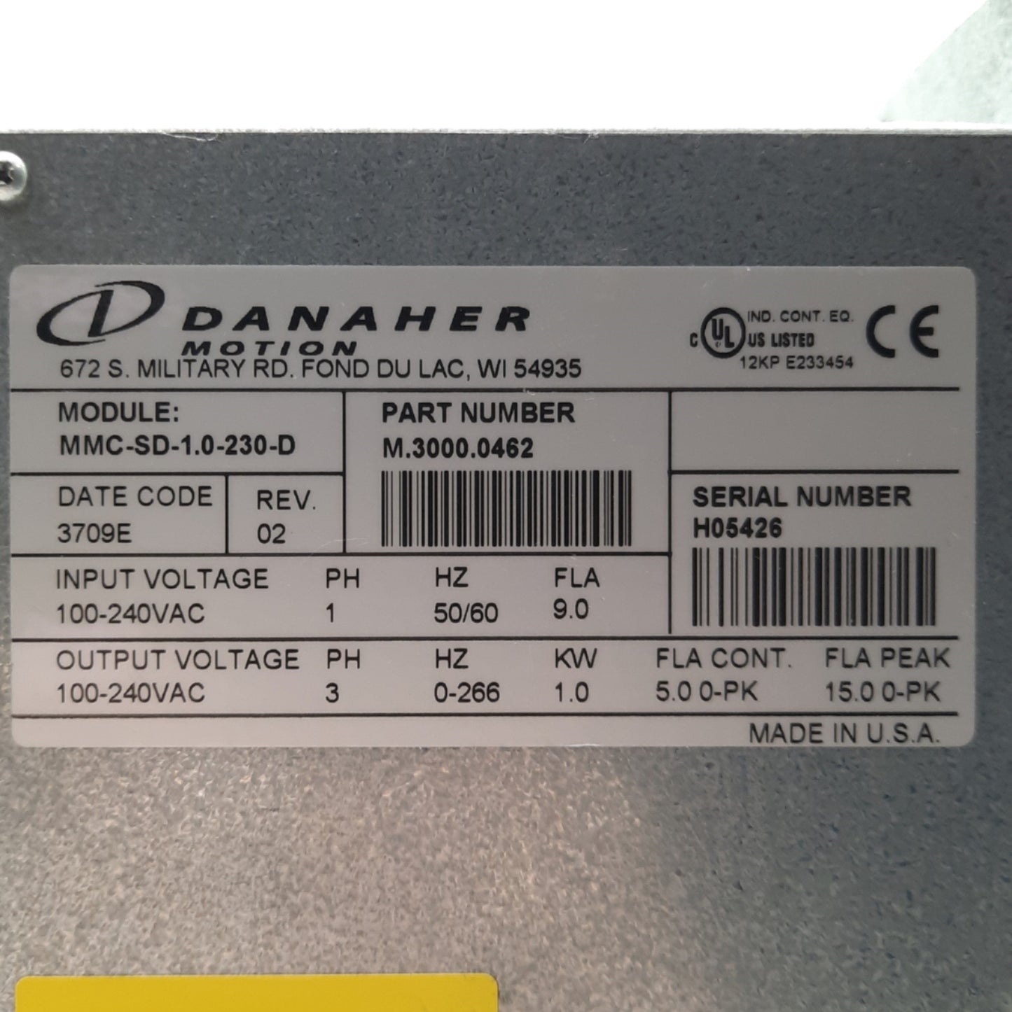 Used Danaher Motion MMC-SD-1.0-230-D Servo Motor Drive, 1KW 5/15A Output, 100-240VAC