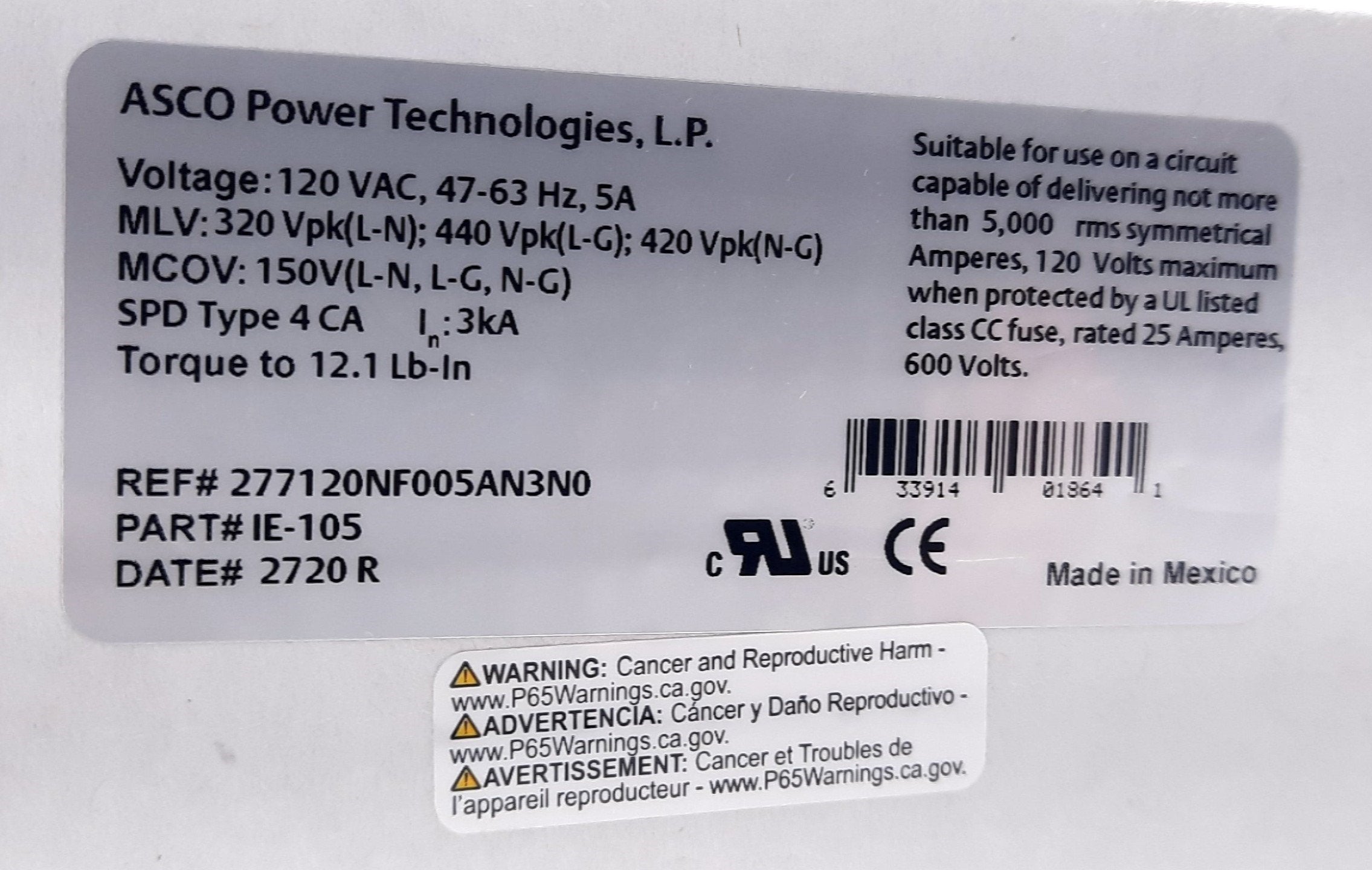 New ASCO IE-105 200 Series AC Power Noise Filter 5A, 120VAC Single Phase  0.5ns