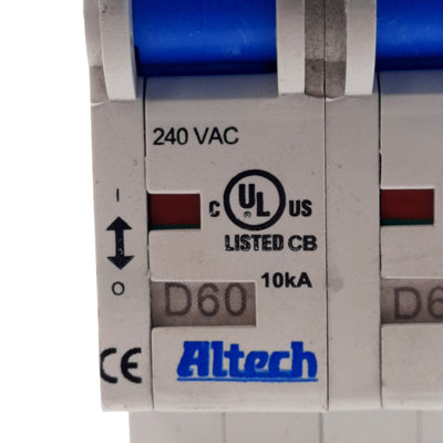 Used Altech 2DU60L Circuit Breaker, 2-Poles, D-Curve, 60A, 240VAC, DIN Rail