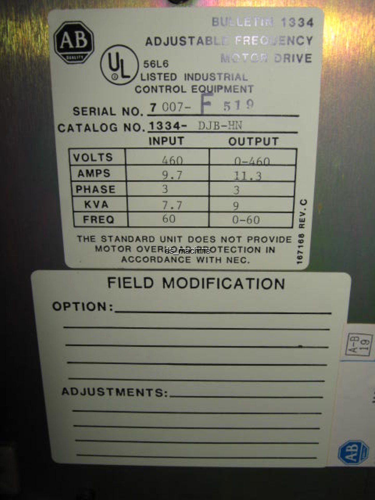 For Parts Allen Bradley 1334-DJB-HN Variable Frequency Drive 460VAC *FOR PARTS ONLY*