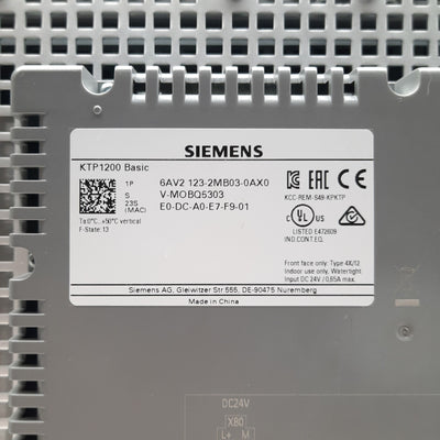 Used SIEMENS 6AV2 123-2MB03-0AX0 KTP1200 Basic HMI Panel, 12"TFT, PROFINET/USB, 24VDC