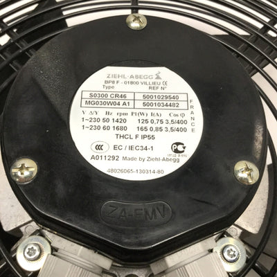 Used Ziehl Abegg S0300 CR46 MG030W04 A1 Axial Fan Ø300mm 1680RPM, 230VAC 1PH, 1000CFM