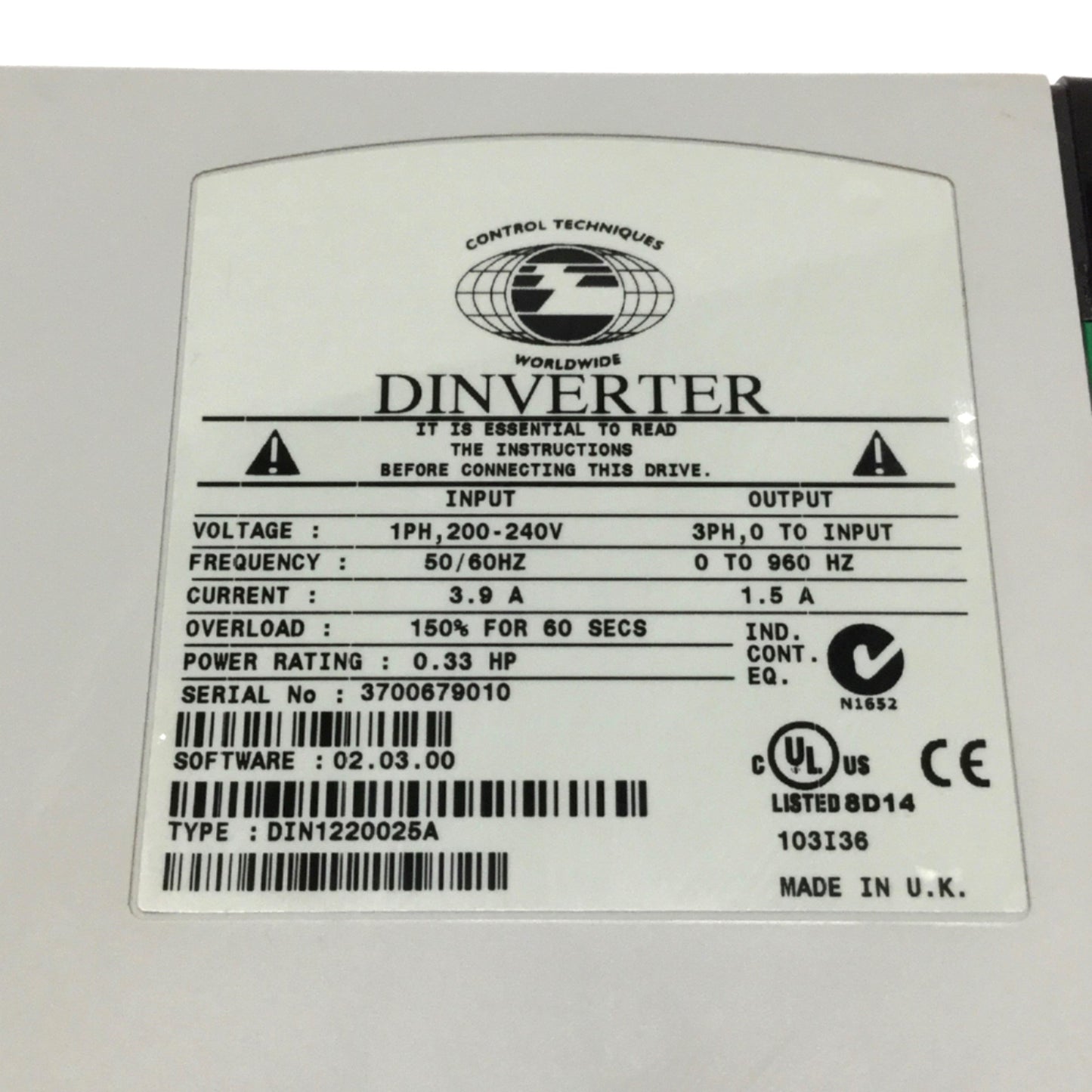 Used Control Techniques DIN1220025A DINVERTER Variable Speed Drive 240VAC 1.5A 3PH