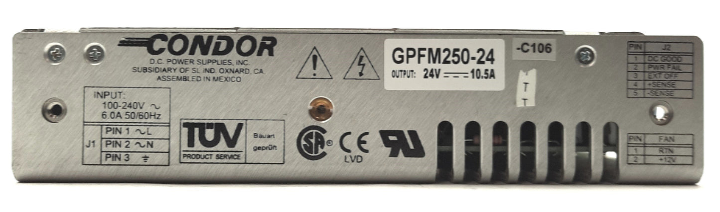 Used CONDOR GPFM250-24 Power Supply, 250W, 24VDC 10.5A Out, 100-240VAC 6A 50/60Hz In