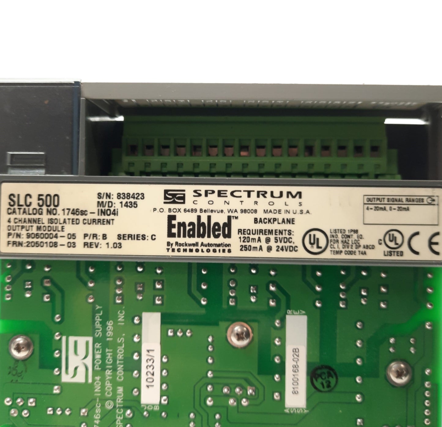 Used Spectrum Controls 1746sc-INO4i SLC 500 Isolated Output Module 4-Channel 0/4-20mA