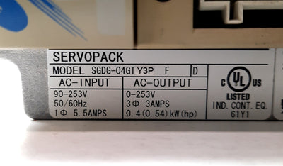 Used YASKAWA SGDG-04GT Legend 04 Servo Drive Out: 0-253VAC 3A .4kW In: 90-253VAC 5.5A