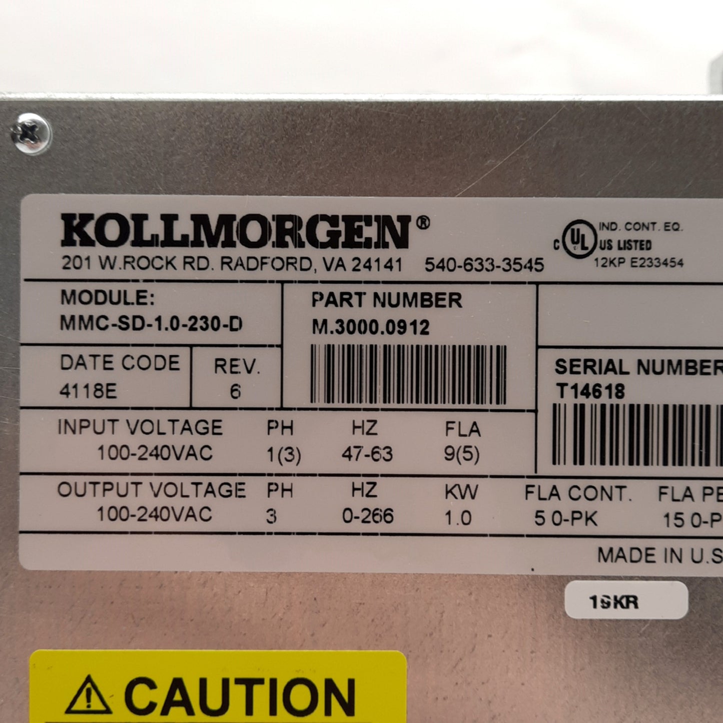 Used Kollmorgen MMC-SD-1.0-230-D Servo Motor Drive, 1kW 5/15A Output, 100-240VAC