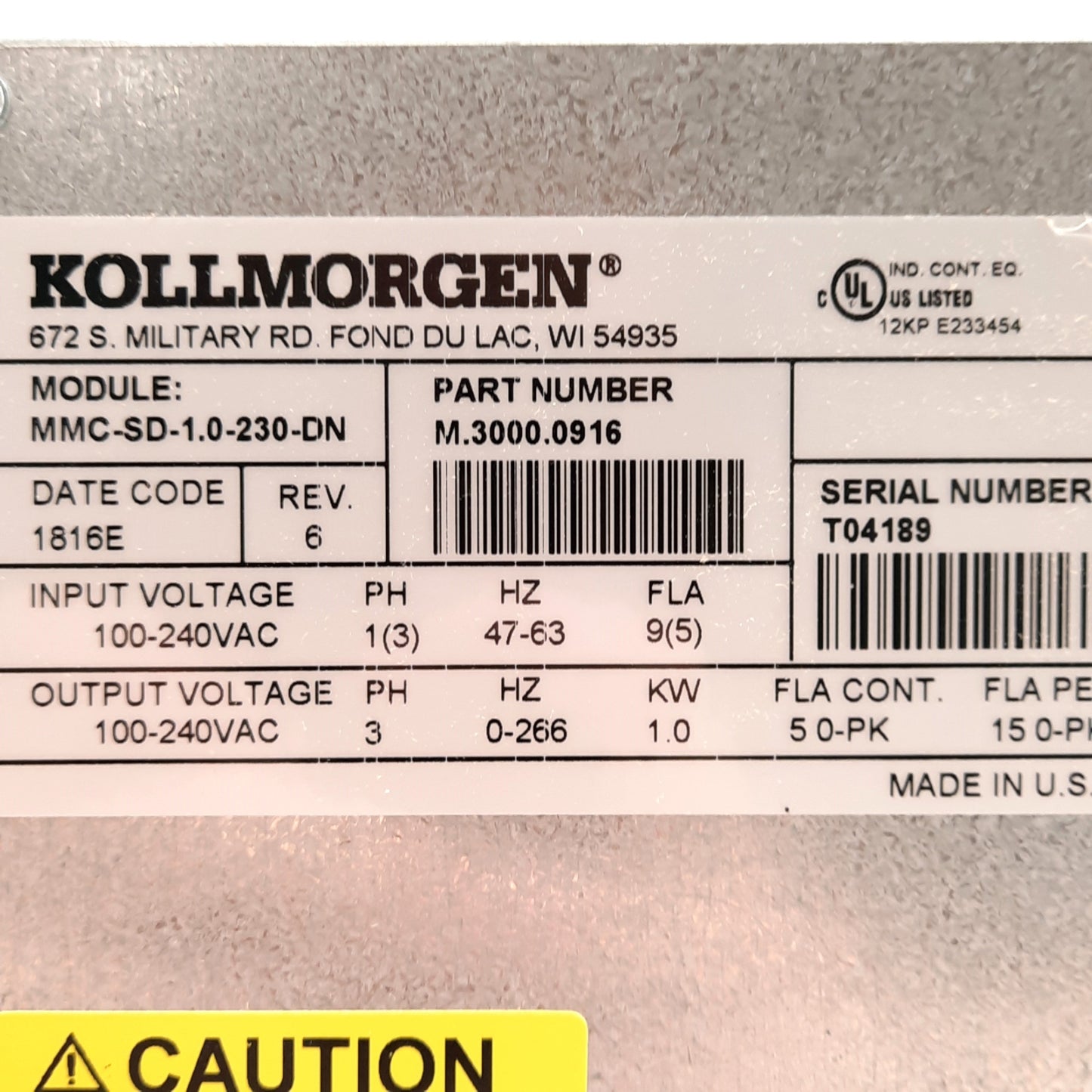 New Kollmorgen MMC-SD-1.0-230-DN Servo Motor Drive, 1kW 5/15A Output, 100-240VAC