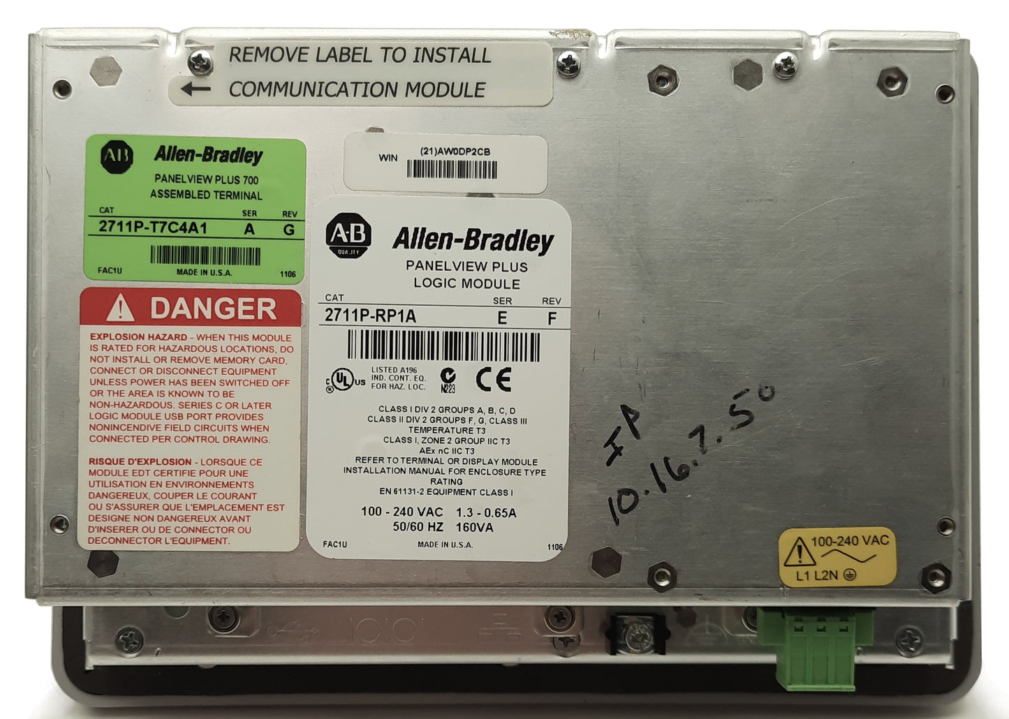 Used Allen Bradley 2711P-T7C4A1 Ser A Rev G PanelView Plus 700 HMI 7" 100-240VAC