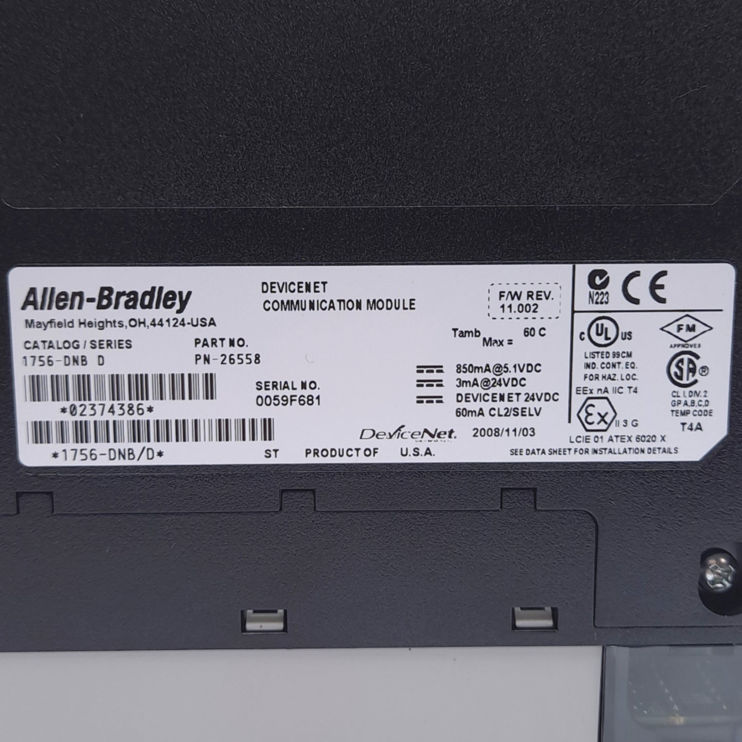 Used Allen Bradley 1756-DNB/D DeviceNet Communication Module, Power: 24VDC 60mA