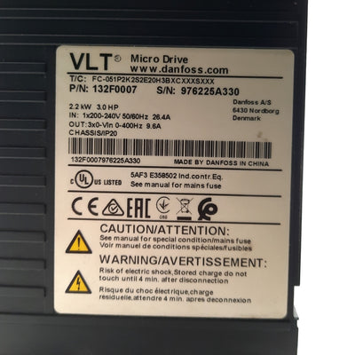 Used Danfoss FC-051P2K2S2E20H3BXCXXXSXXX VLT AC Motor Micro Drive FC 51 3HP 1Ø 240VAC