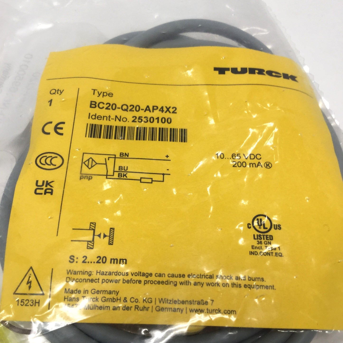 Used Turck BC20-CP40-VP4X2 Capacitive Proximity Sensor, 2-20mm, 10-65VDC, PNP, 4-Pin