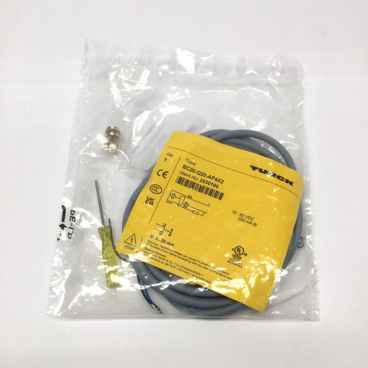 Used Turck BC20-CP40-VP4X2 Capacitive Proximity Sensor, 2-20mm, 10-65VDC, PNP, 4-Pin