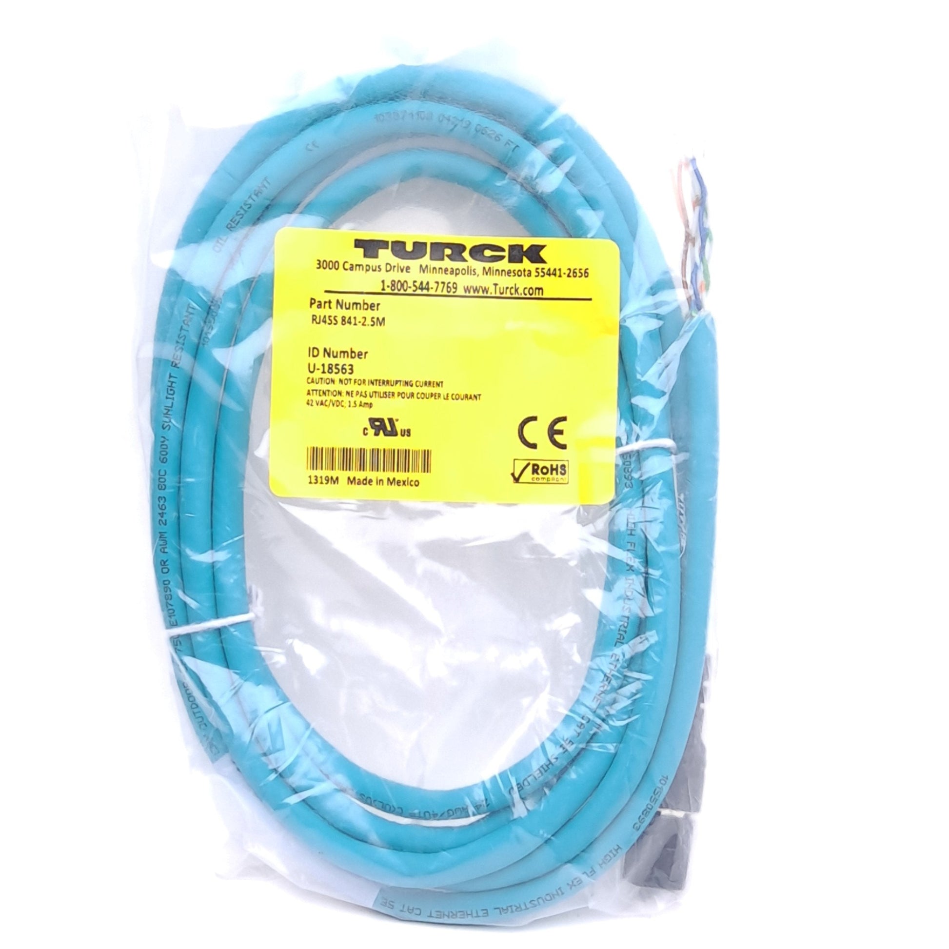 Turck RJ45S 841-2.5M U-18563 Ethernet Cable, RJ45 Male to Flying 