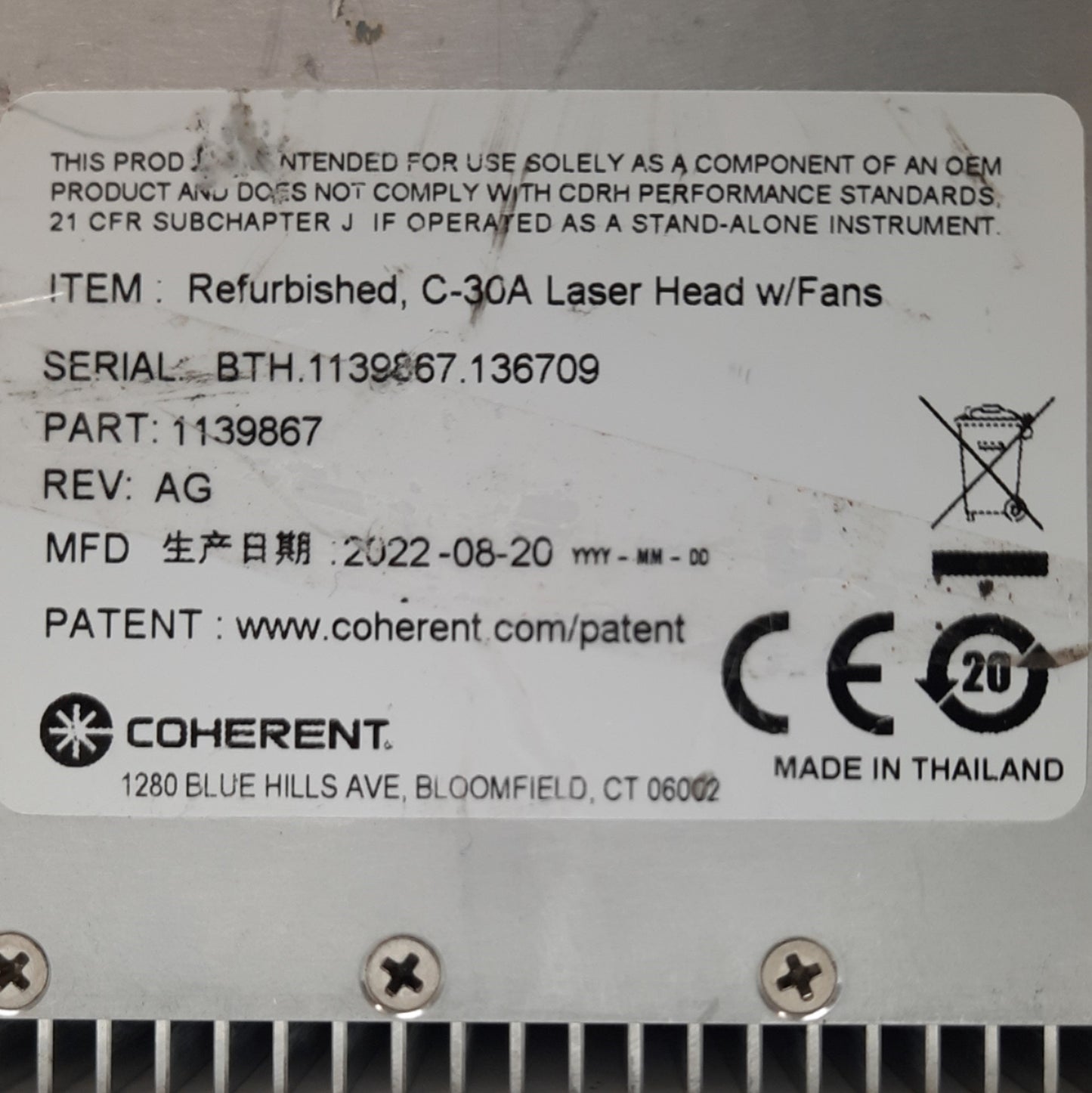 Used Coherent C-30A CO2 Laser Head 30W Output 10.6µm RJ45 I/O Air Cooled 48VDC 12A