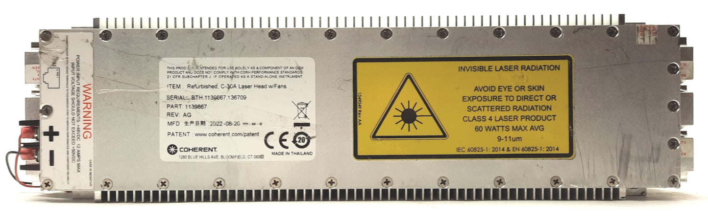 Used Coherent C-30A CO2 Laser Head 30W Output 10.6µm RJ45 I/O Air Cooled 48VDC 12A