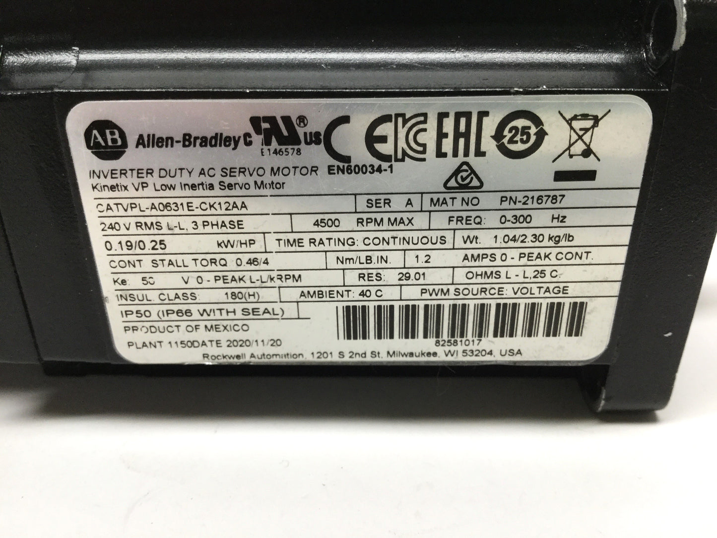 Used Allen Bradley VPL-A0631E-CK12AA Servo Motor, 3-Phase 240VAC, 0.19kW, 9mm Shaft