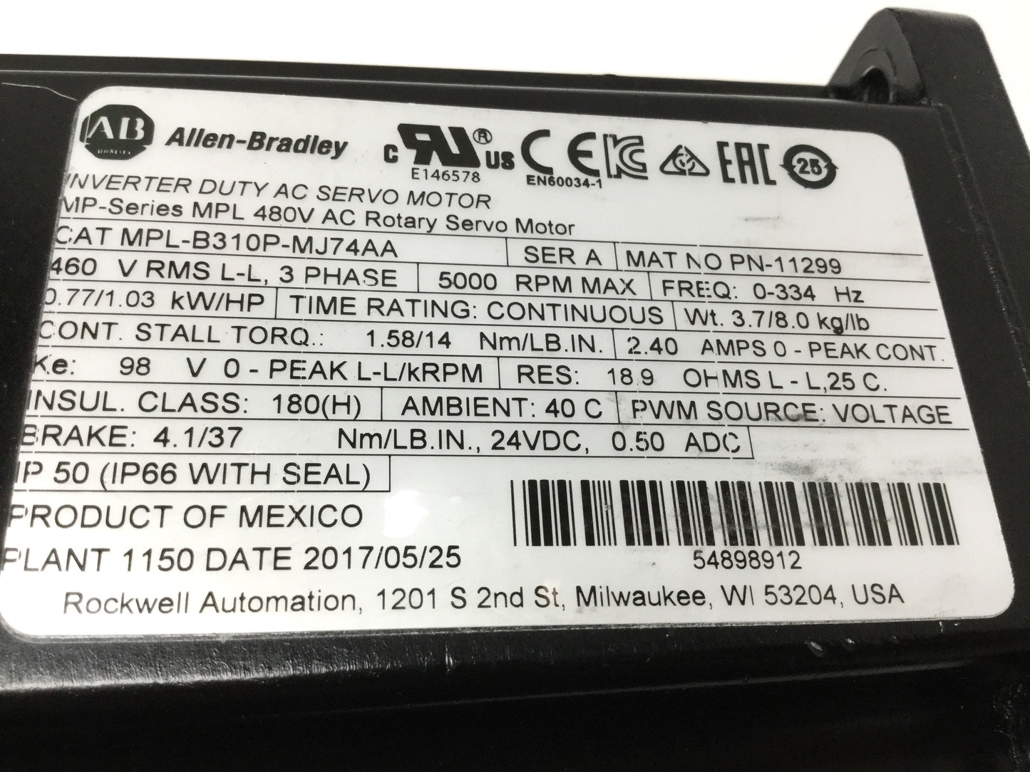 Used Allen Bradley MPL-B310P-MJ74AA Servo Motor w/Brake 0.77kW, 100mm Frame, 460VAC