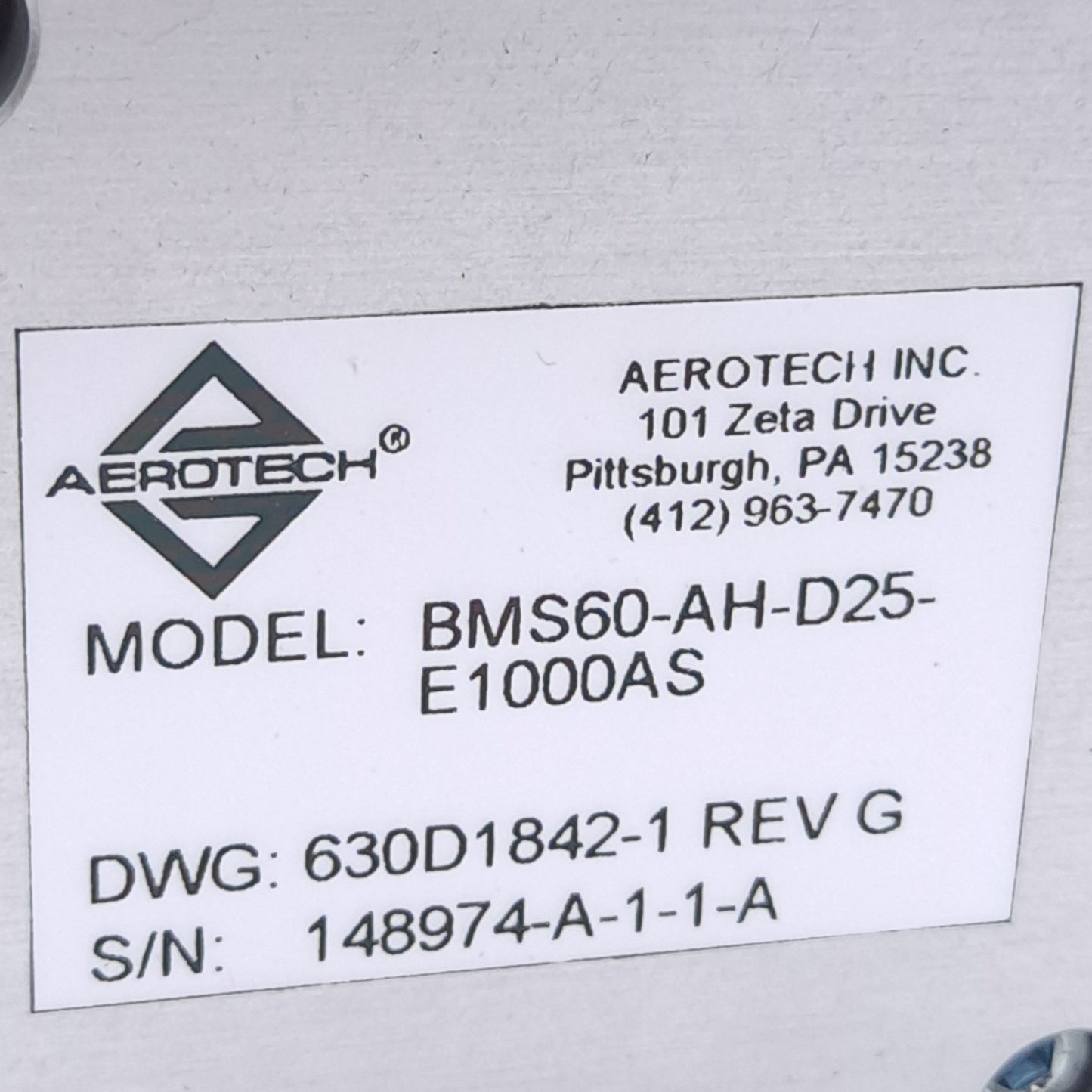 Used Aerotech BMS60-AH-D25-E1000AS Brushless Servo Motor, 2400RPM, 1000ppr, NEMA23