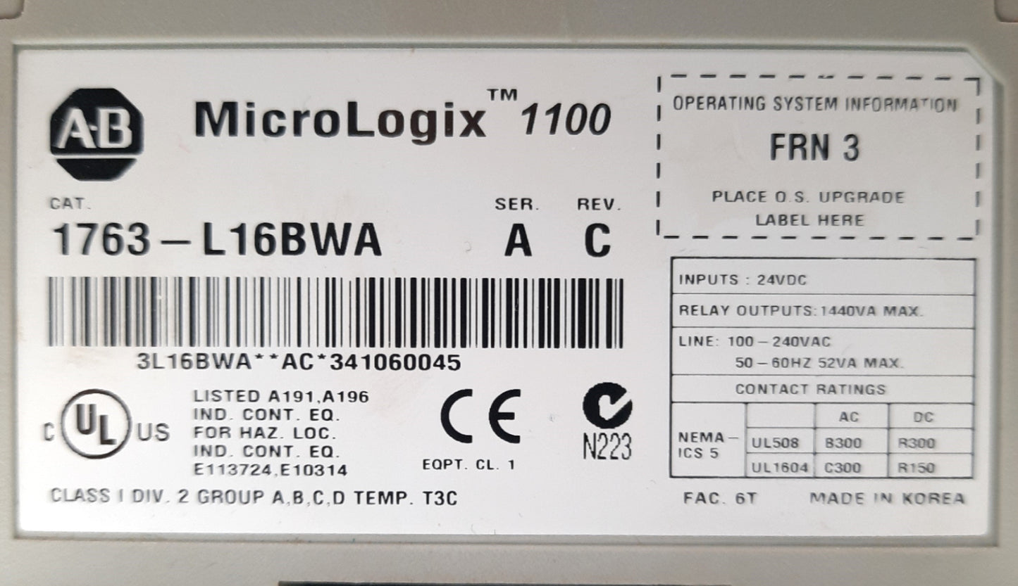 Used Allen Bradley 1763-L16BWA Ser B MicroLogix 1100 PLC Controller 16-Point 100-240V