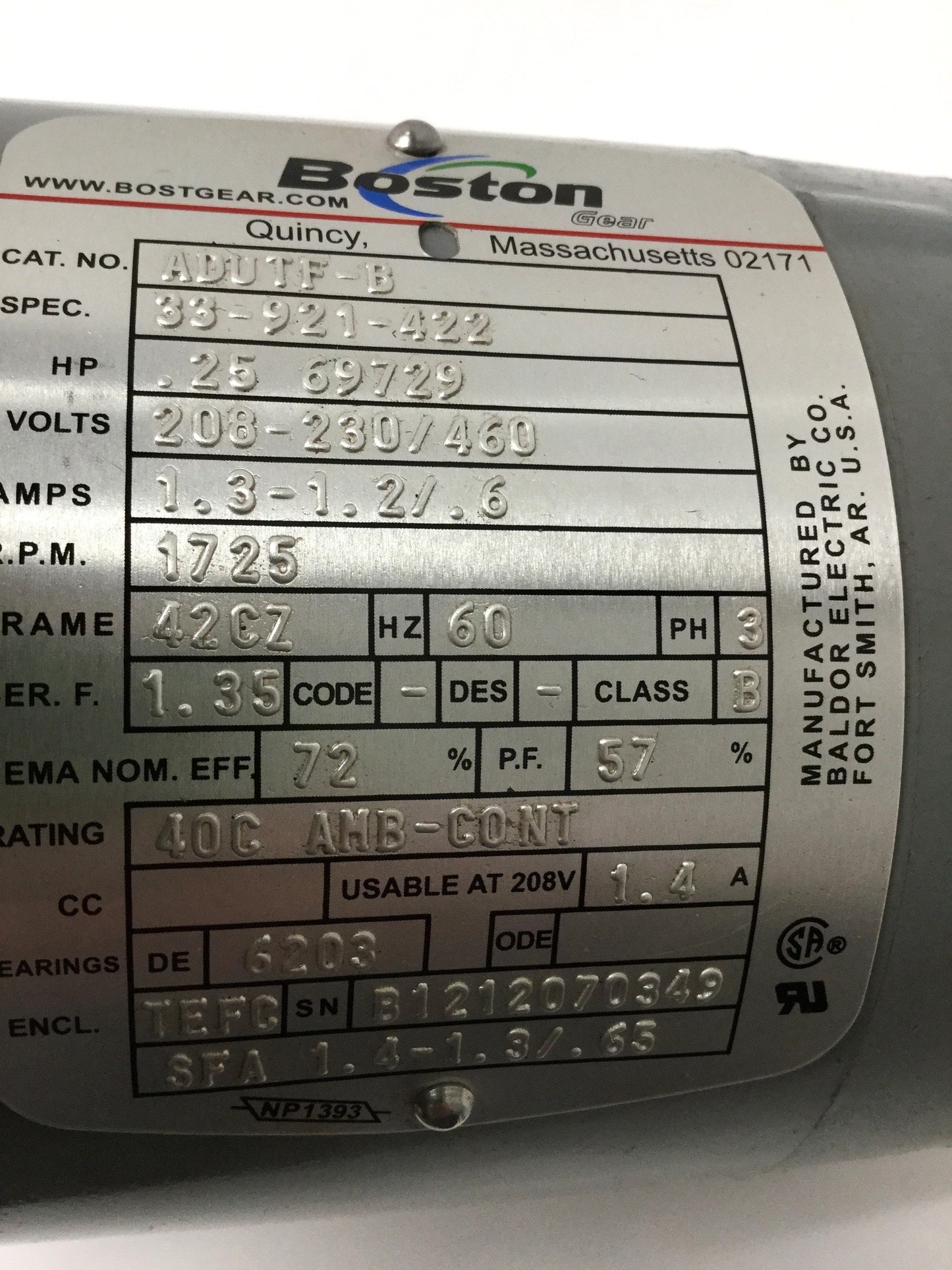 Used Boston ADUTF-B General Purpose Motor 208-230/460VAC 3PH, 1725RPM, 42CZ, 1/4HP