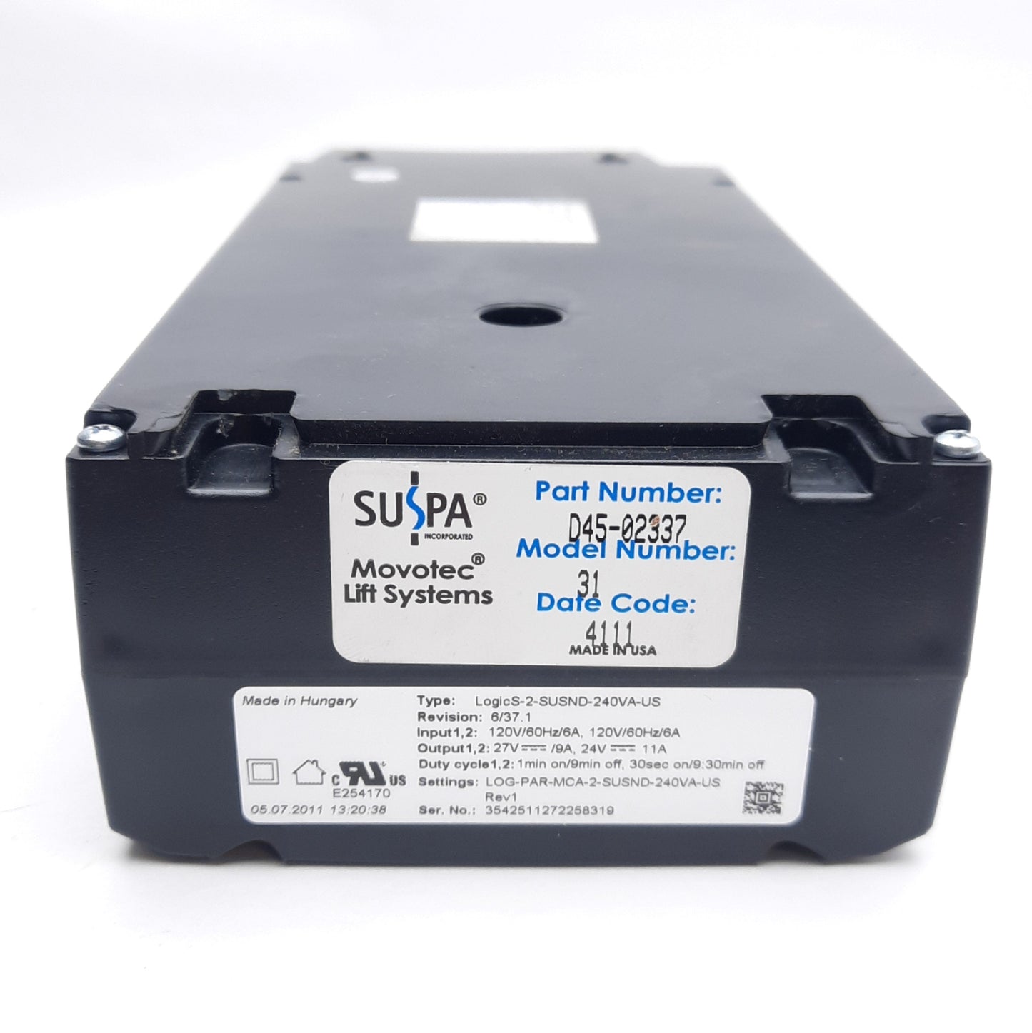 Used Suspa LogicS-2-SUSND-240VA-US D45-02337 Lift System Power Supply, 24V DC Output