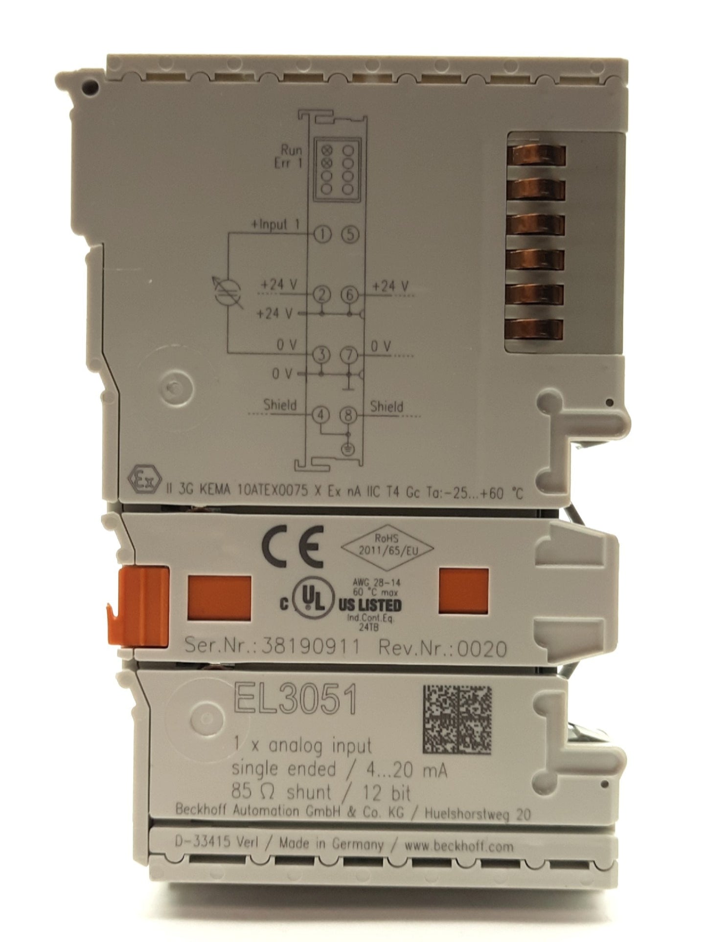 Used Beckhoff EL3051 Analog Input Module, 1x 4-20mA Single-Ended 12-bit, 24VDC