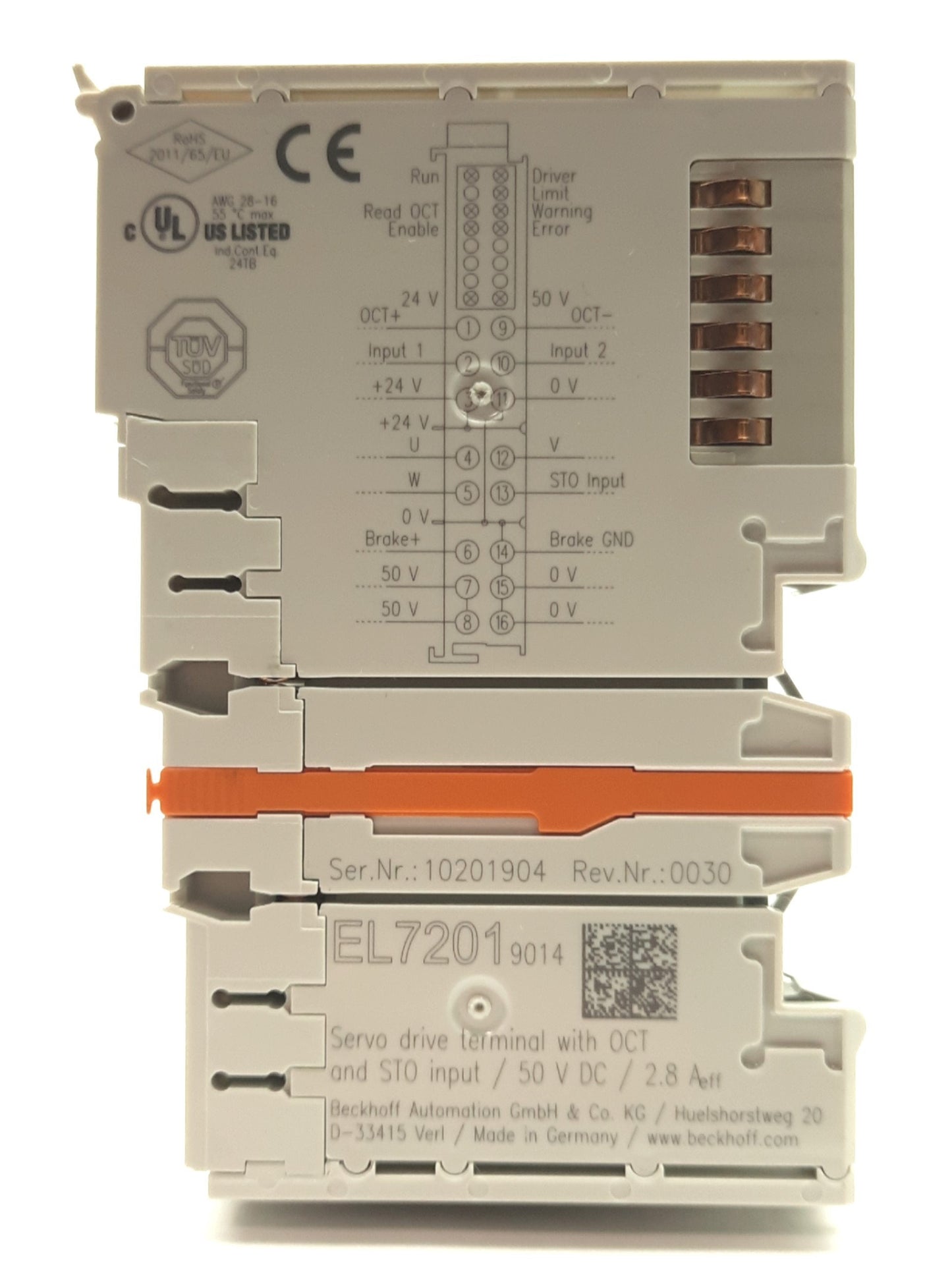 Used Beckhoff EL7201-9014 Servo Drive Terminal w/OCT, 1-Axis 2.8A 8-48VDC