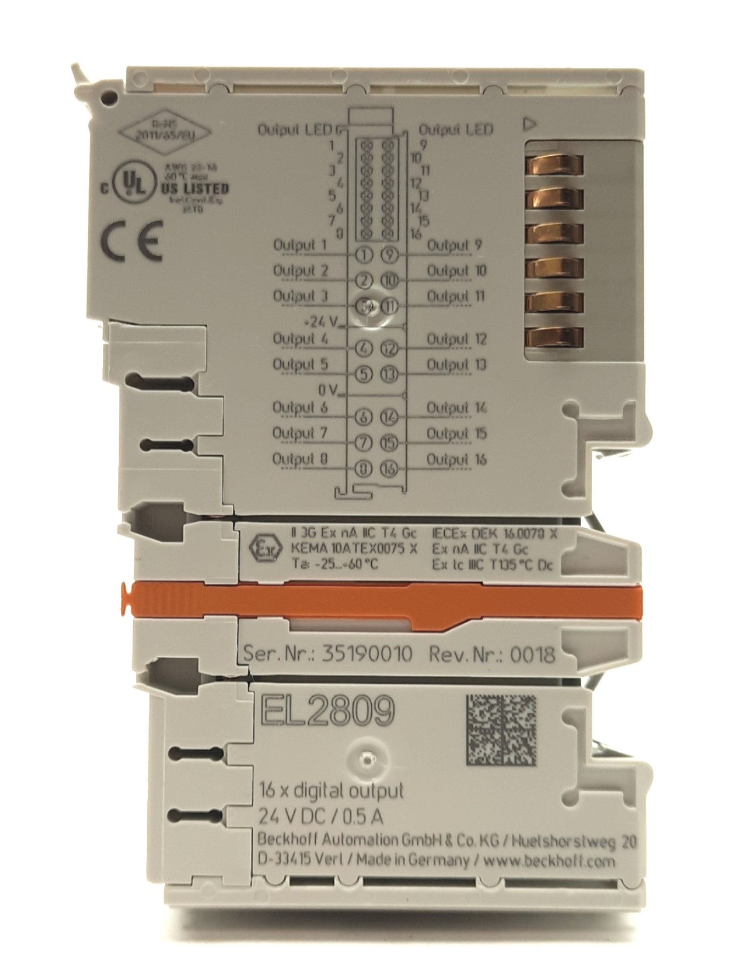 Used Beckhoff EL2809 Digital Output Module, 16x 1-Wire 24VDC .5A, 24VDC 140mA