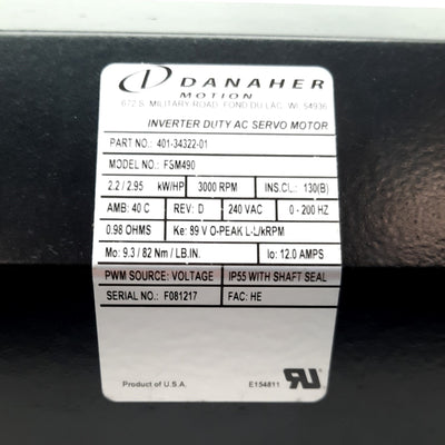 New – Open box Danaher Motion 401-34322-01 FSM490 Servo Motor, 2.2kW, 3000RPM, 240VAC, 5" Frame