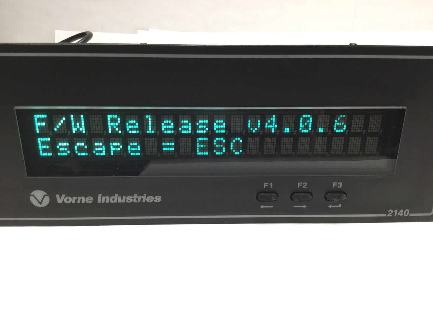 Used Vorne 2140PC-120 Alphanumeric Display VFD Panel 2x20 Char, 120VAC, RS232/422