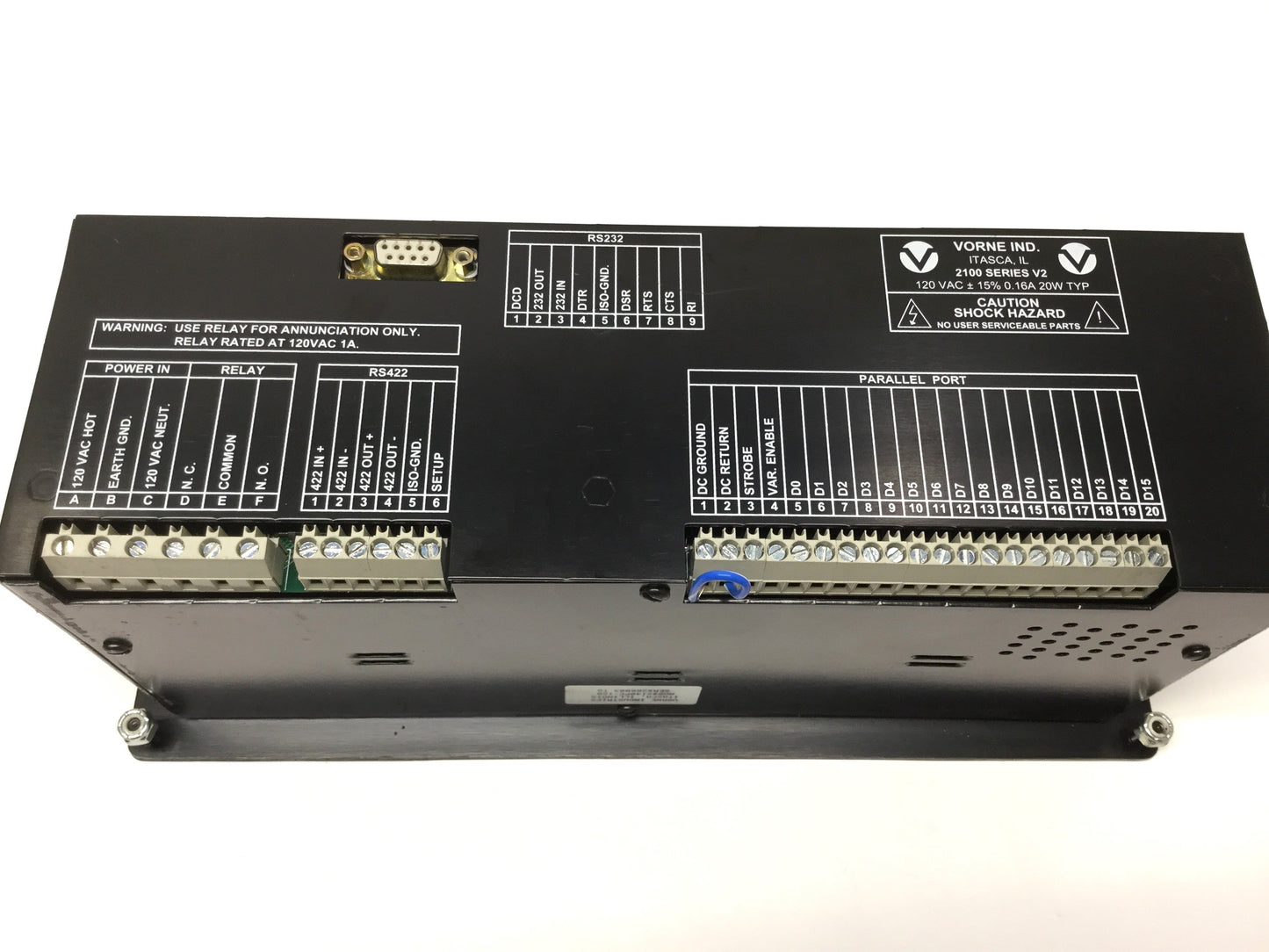 Used Vorne 2140PC-120 Alphanumeric Display VFD Panel 2x20 Char, 120VAC, RS232/422