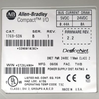 Used Allen Bradley 1747-SDN Series A SLC 500 DeviceNet PLC Communication Module