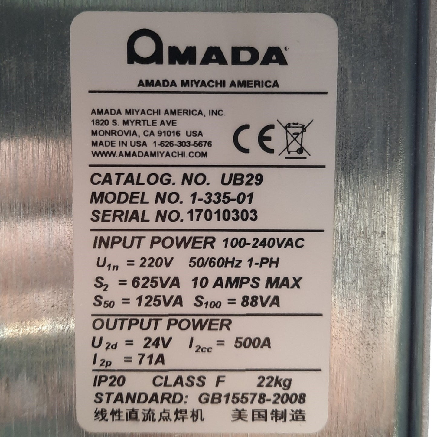 Used Amada UB-500A Miyachi Low Power Linear DC Welding Controller 500A 10V 88-264VAC