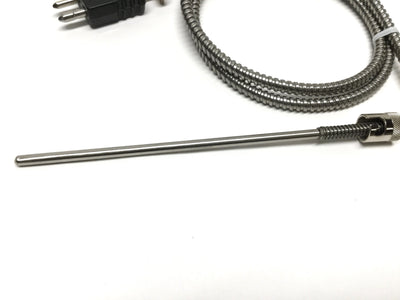 New – Open box Midwest 90° Rigid Sheath Bayonet Thermocouple, SS Hose, Type J, 7" x Ø3/16"