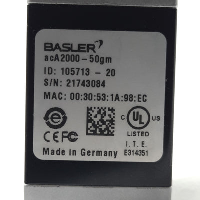 Used Basler acA2000-50gm ace Classic GigE B/W Camera 2/3" 2MP@50FPS 12VDC/PoE C-Mount