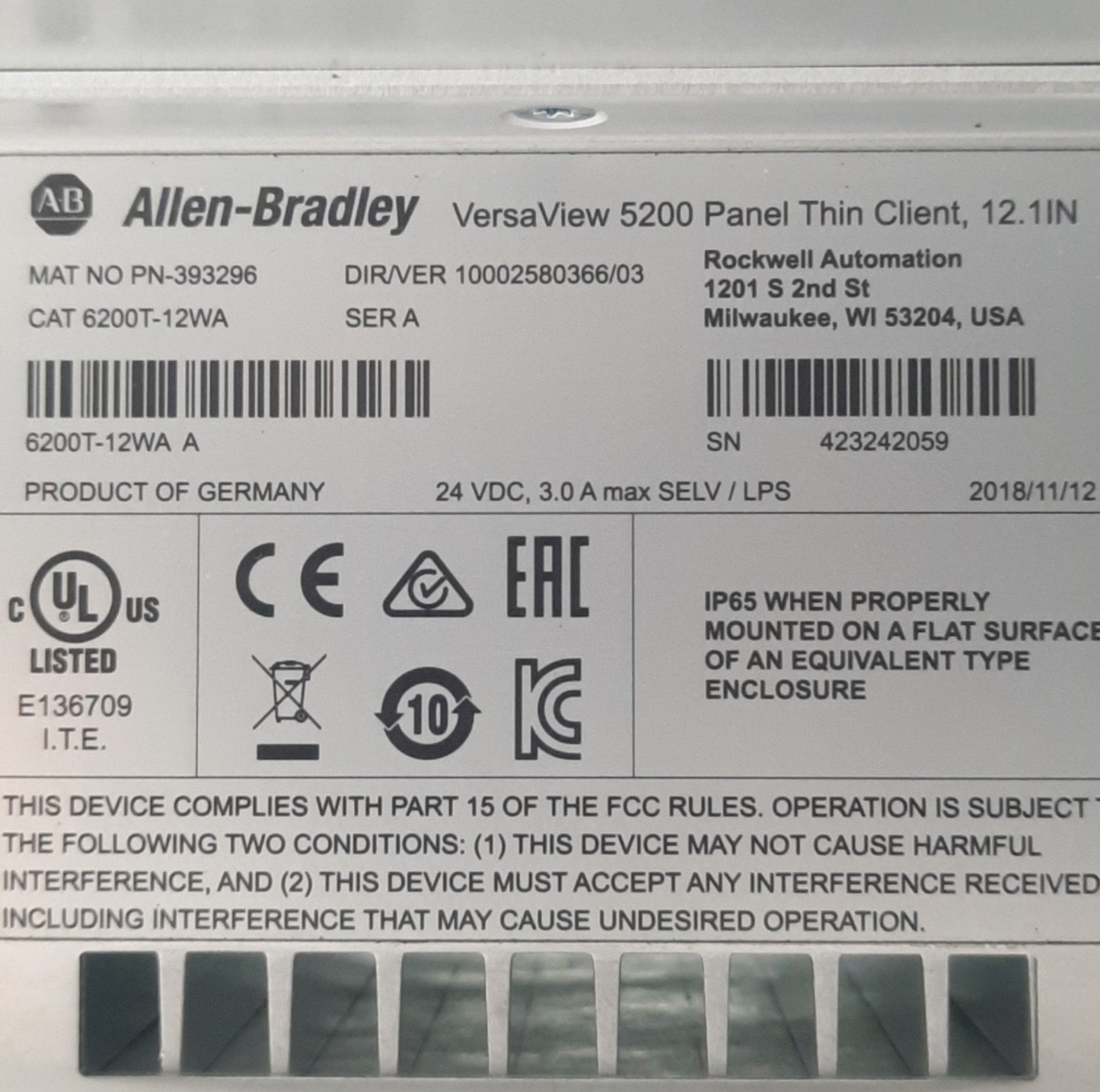 Used Allen Bradley 6200T-12WA VersaView 5200 Thin Client Touch Panel PC 12.1" *Bezel*