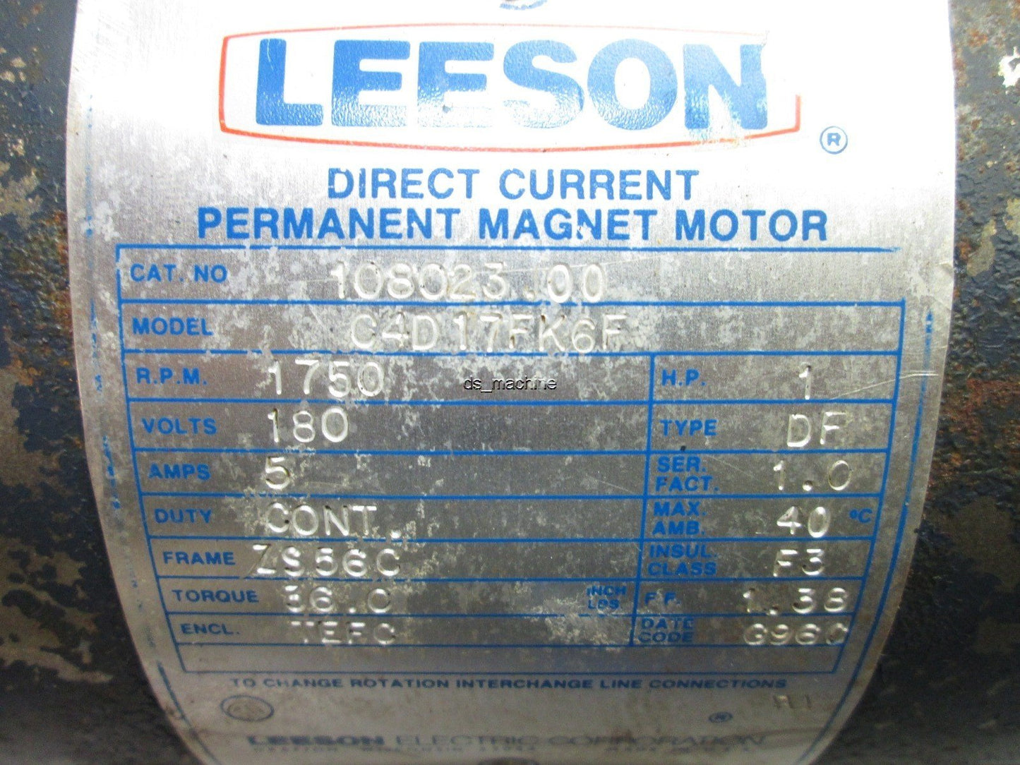 Used Leeson C4D17FK6F DC Motor 1HP 180V 1750RPM 56in-lbs w/Gear Reducer and Brake