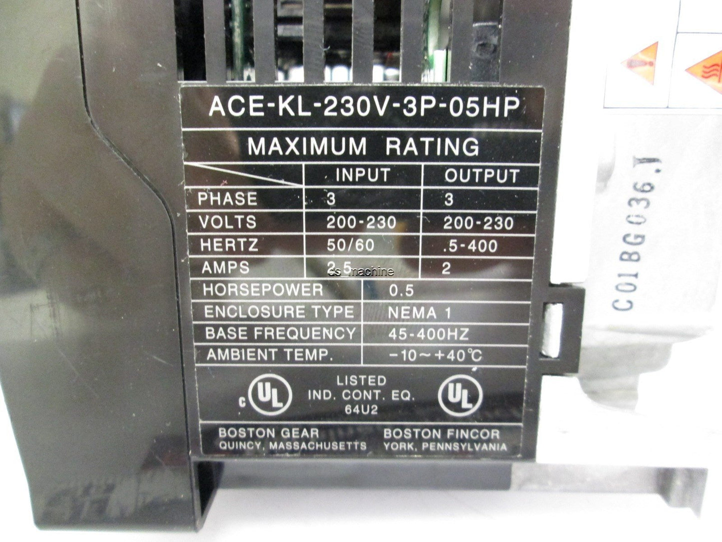 Used Boston Fincor ACE-KL-230V-3P-05HP Inverter 230VAC 3PH 0.5HP NEMA 1 45-400Hz