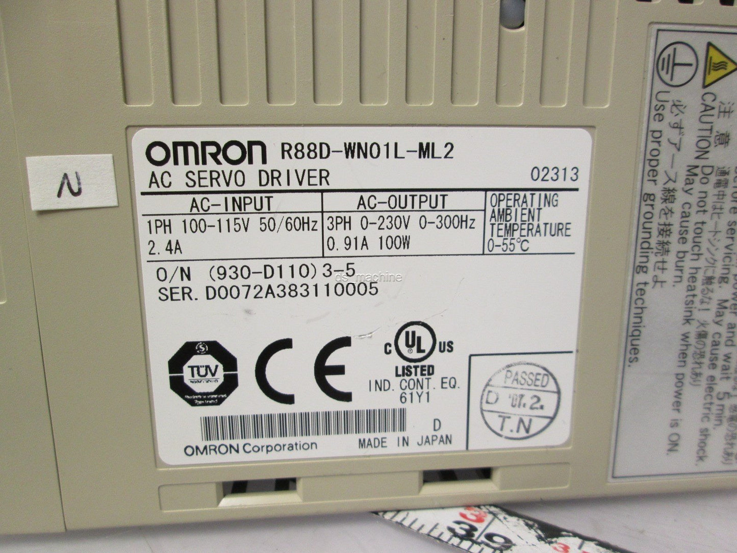 Used Omron R88D-WN01L-ML2 AC Servo Drive w/ R88M-WP10030L Servo Motor 100VAC 100W