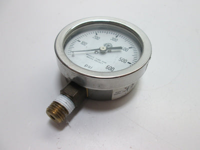 Used McDaniel Controls 0-600psi Gauge 1/4"NPT, Bronze Tube, Brass Socket