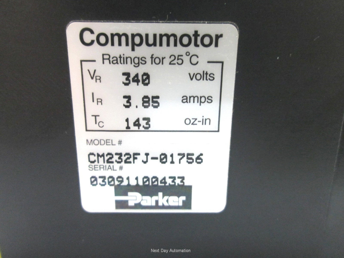 New Other Parker CM232FJ-01756 Compumotor, Servo Motor 340V, 3.85A 143oz.in 3/8" Shaft