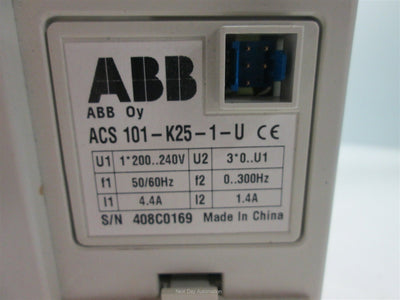 Used ABB ACS 101-K25-I-U VFD, In: 200-240VAC 1-Phase 50/60Hz 4.4A, Out: 0-300Hz 1.4A